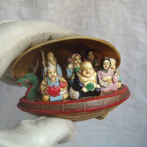 Vintage 7 Lucky Gods Clam Shell Handcolored Good Fortune Decor Display